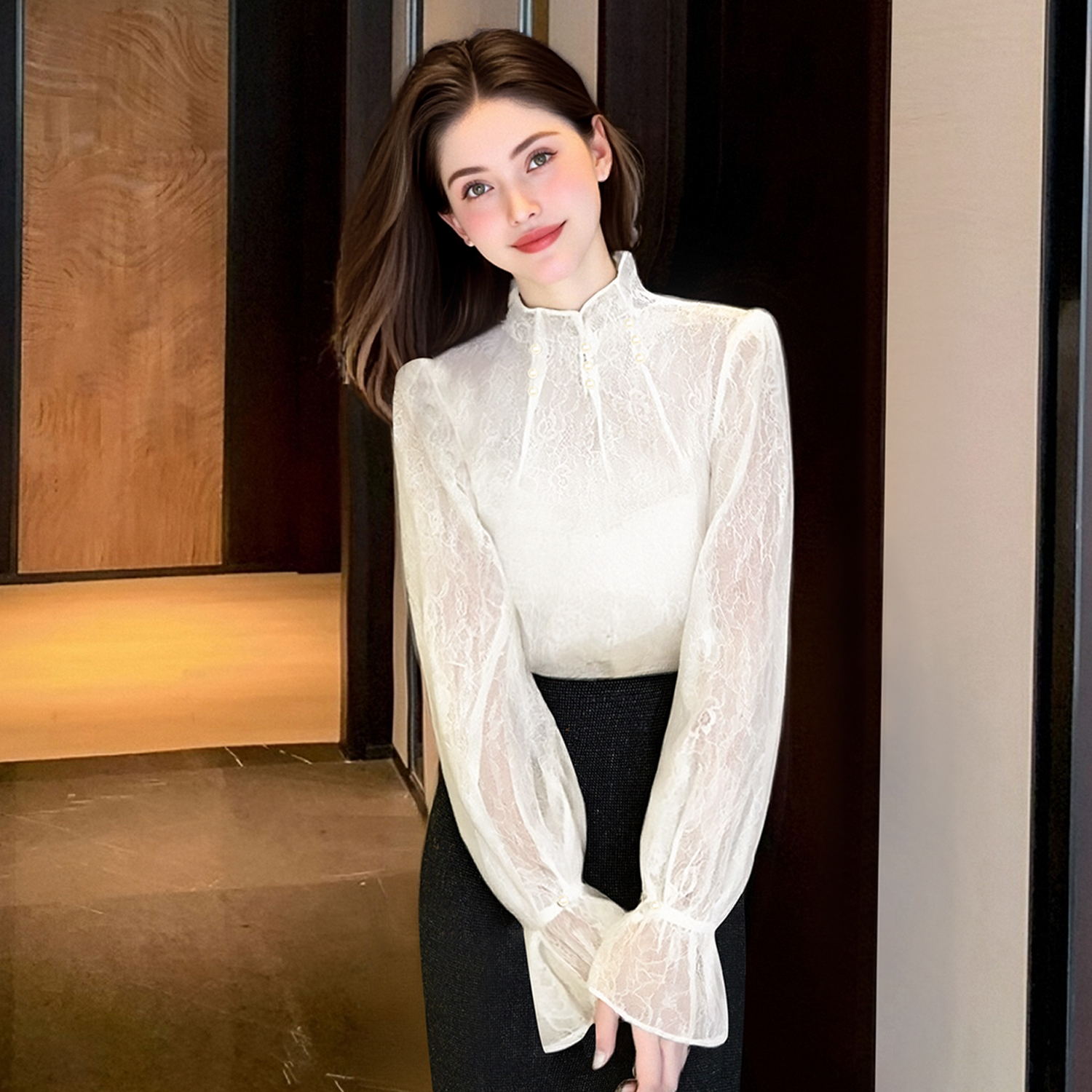 zklin法式花边立领蕾丝衬衫女