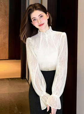 zk lin法式花边立领喇叭袖网纱蕾丝衬衫女新款长袖衬衣气质上衣