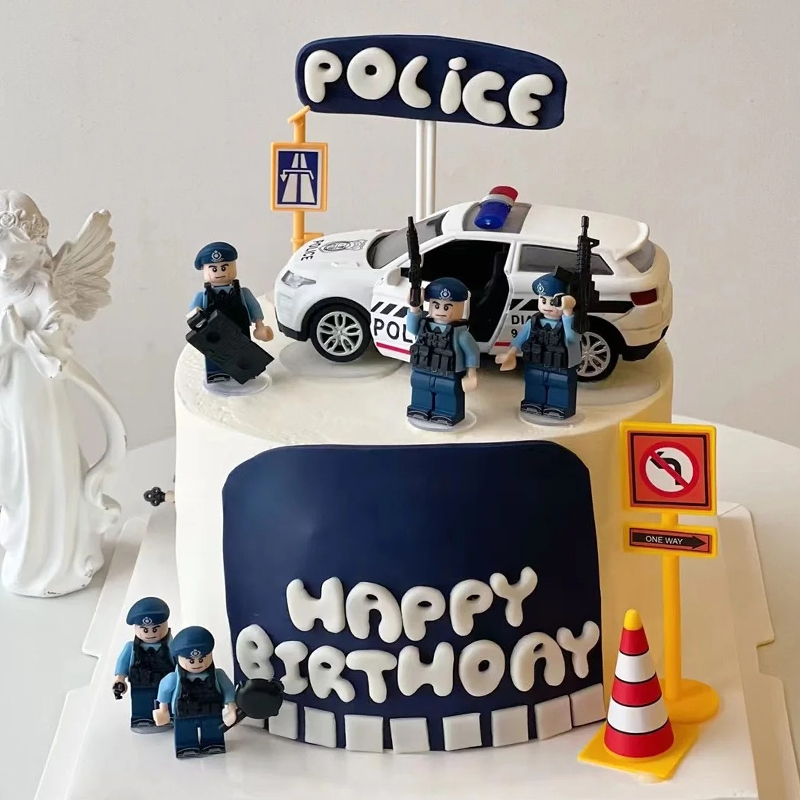 警察警车港警儿童男孩生日甜品蛋糕摆件DIY乐高积木车道路路障