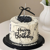 韩系ins简约风生日蛋糕装 饰高级感蝴蝶结丝带黑白色系主题插件