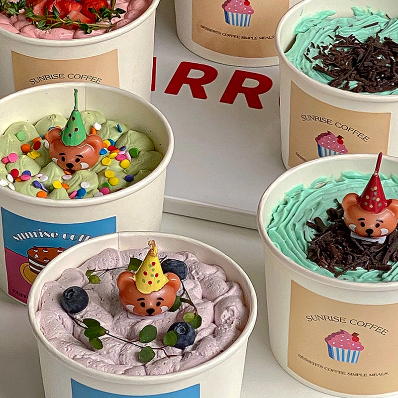 夏季爆款水果奶油盒子蛋糕圆形千层打包碗纸浆盒卡通小熊蜡烛插件