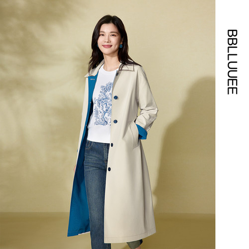 环保撞色风衣 复古气质撞色外套