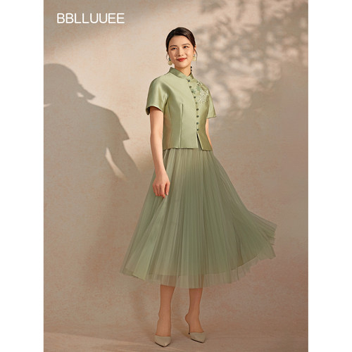 BBLLUUEE粉蓝衣橱夏装新中式修身显瘦立体刺绣婚宴礼服套裙两件套