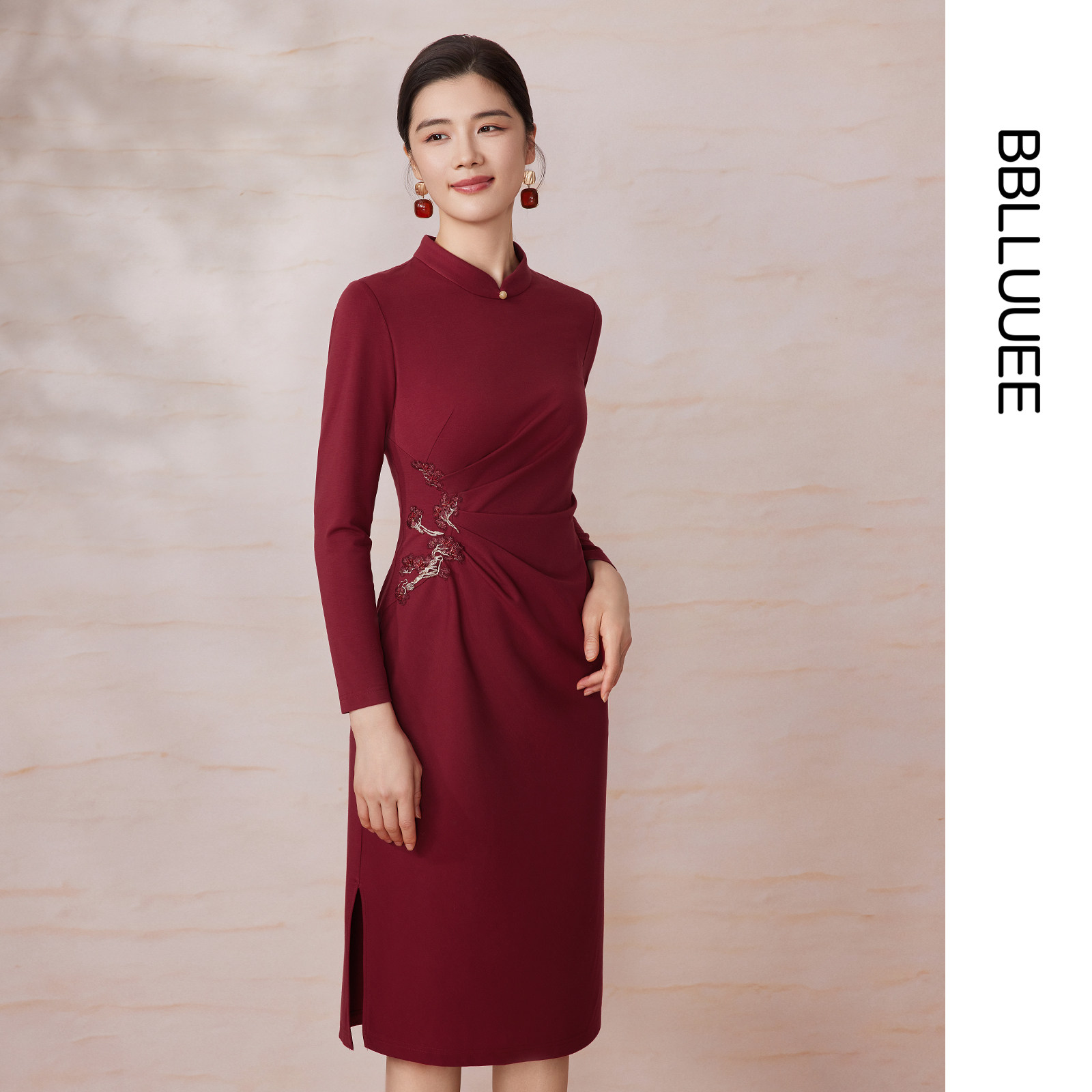 精致刺绣礼服裙 暗纹针织 改良旗袍连衣裙