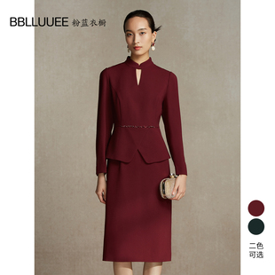 麻感西装 新款 料礼服裙 通勤气质假两件套裙2023秋冬装 粉蓝衣橱时尚