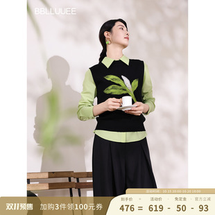 玉兰花植绒BBLLUUEE粉蓝衣橱2026秋装新款绵羊毛马甲女东方感毛衫