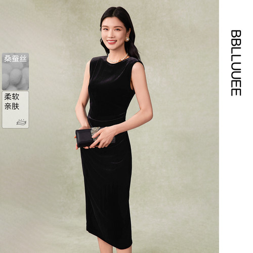 优雅丝绒小黑裙 深V露背礼服裙