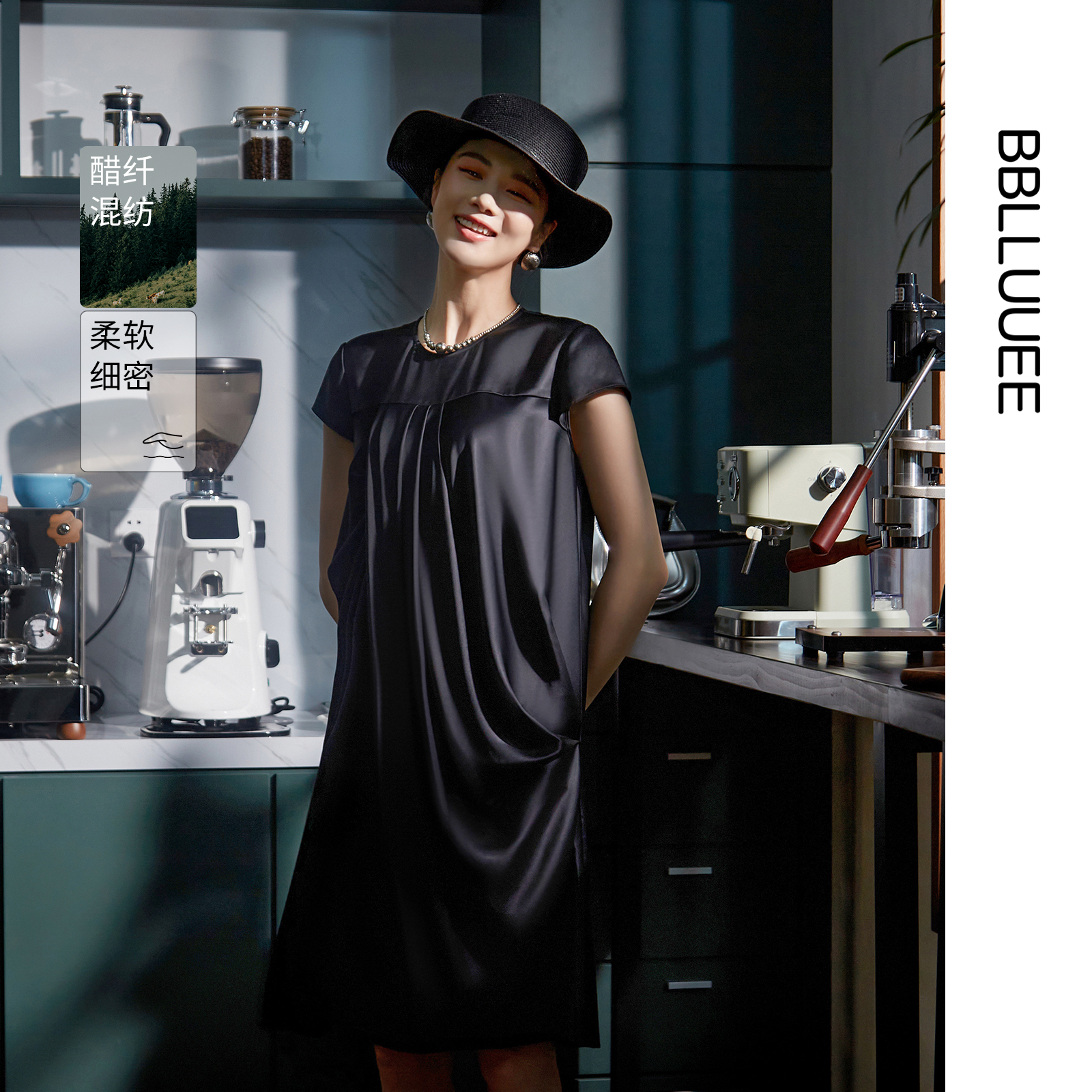 商场同款 醋酸缎面 不规则捏褶 拼接连衣裙