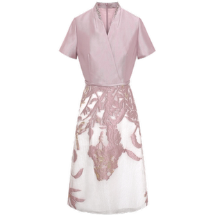 BBLLUUEE/粉蓝衣橱精致提花拼接礼服连衣裙女夏高腰宴会短袖A字裙