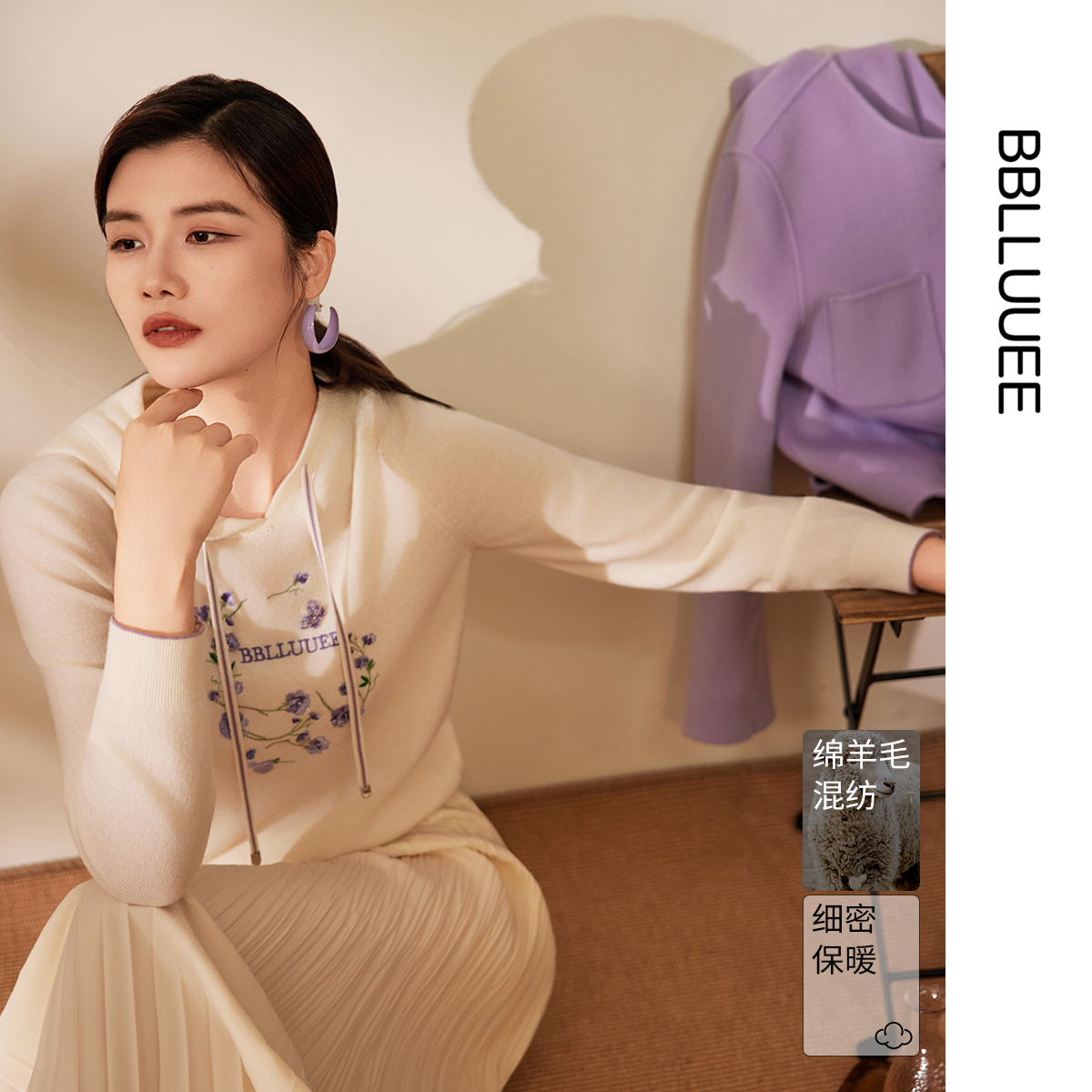 手绘格桑花​ 连帽套头印花 休闲羊毛毛衫