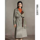 粉蓝衣橱复古高阶范千鸟格纹风衣女中长款 2023秋冬撞色戗驳领外套