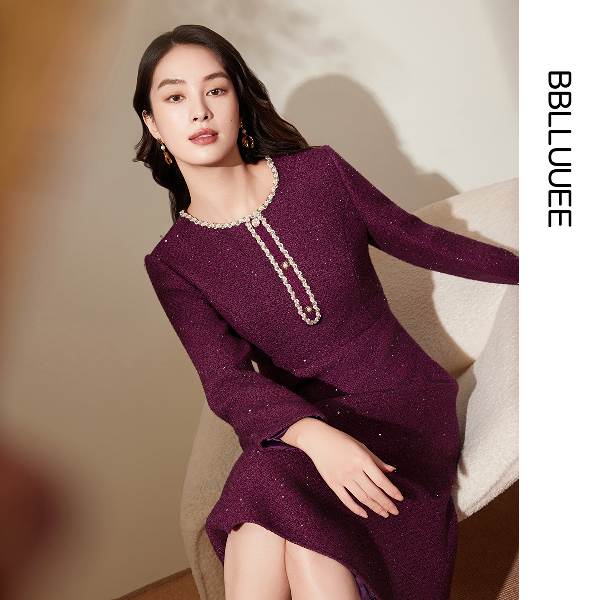 精致小香风 珠片粗花呢连衣裙