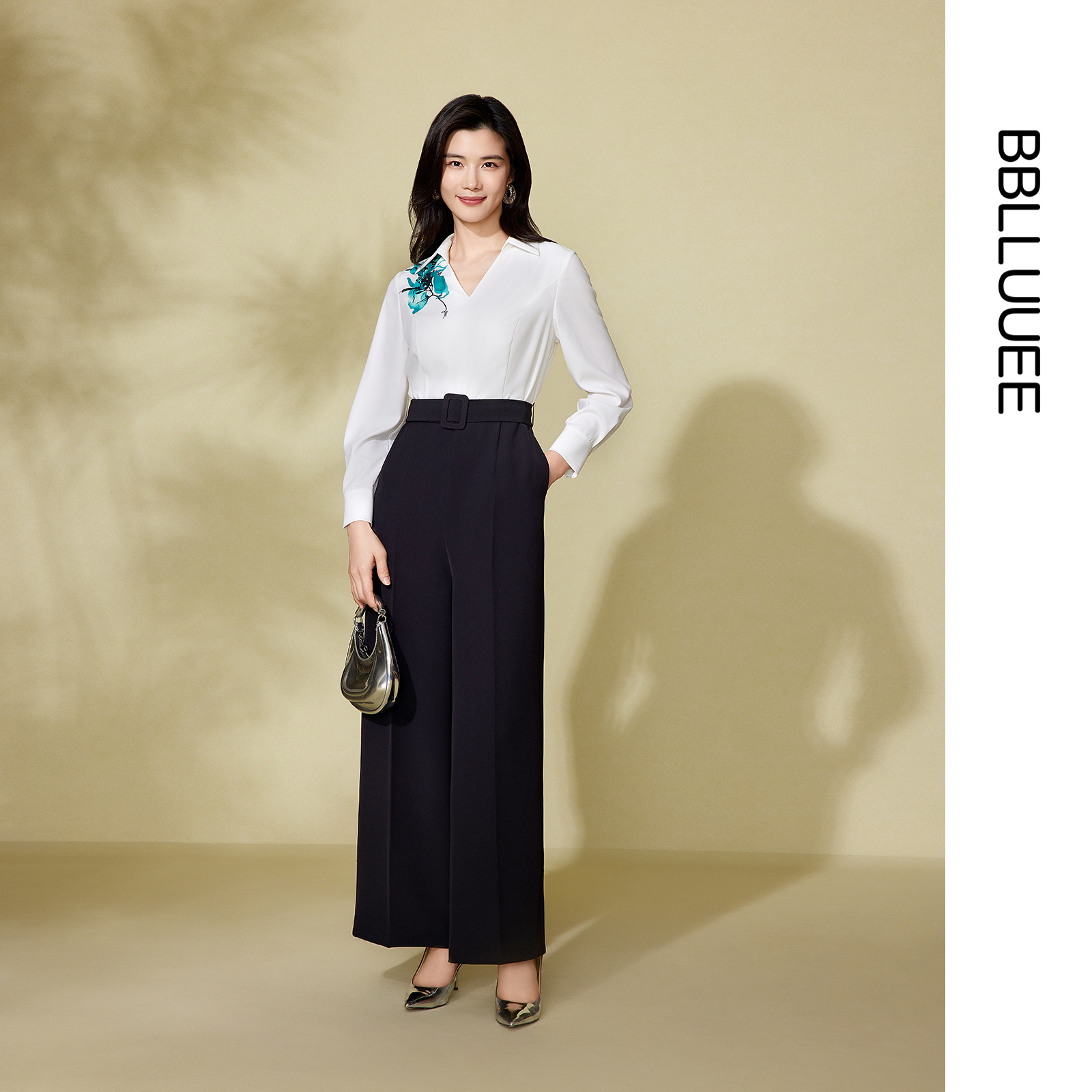 粉蓝衣橱高腰拼接衬衫式连体裤