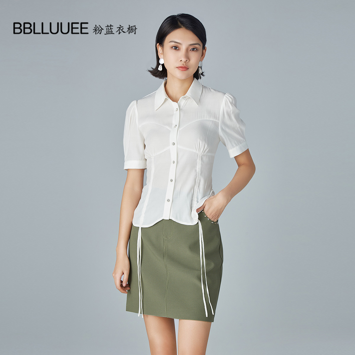 粉蓝衣橱抽绳短袖衬衫