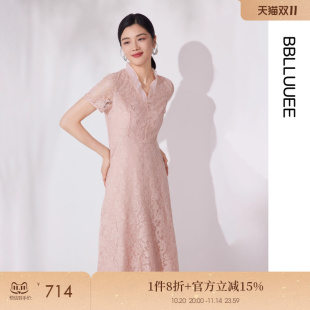 连衣裙 复古气质蕾丝轻礼服裙V领木耳边短袖 粉蓝衣橱2025夏装 新款