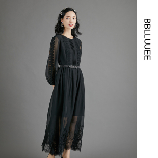 商场同款 贴花纱袖 礼服裙 粉蓝衣橱秋装 飘逸连衣裙女 BBLLUUEE