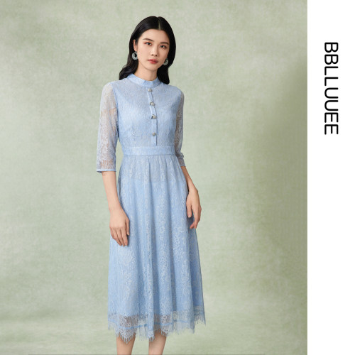 【商场同款】BBLLUUEE粉蓝衣橱夏轻职场艺术花纹短袖蕾丝连衣裙女