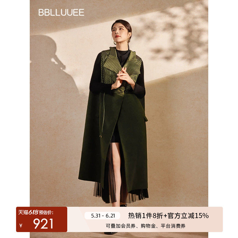 BBLLUUEE/粉蓝衣橱2026春装新款东方意韵解构格纹无袖风衣女外套