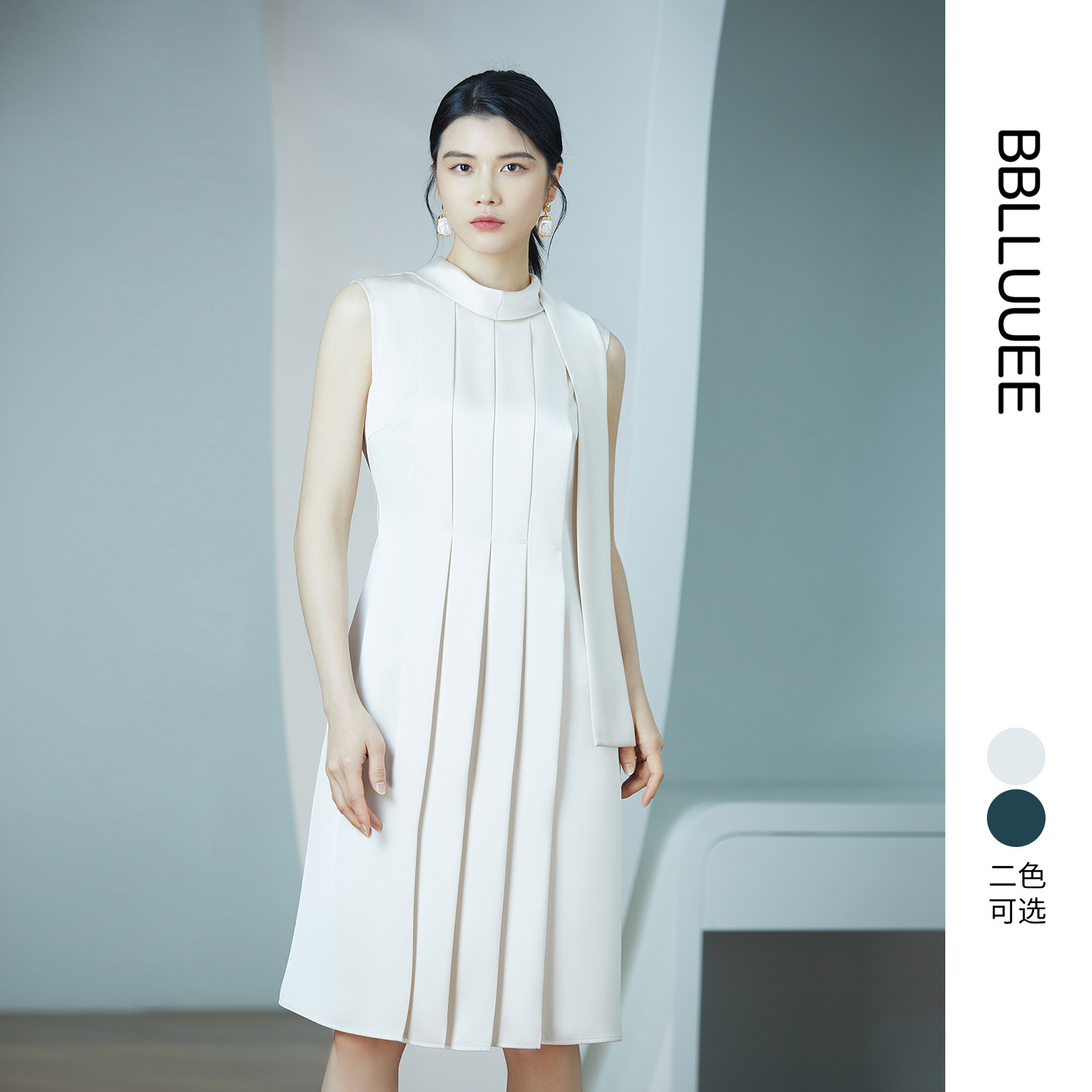 商场同款 垂坠多褶 光泽无袖连衣裙