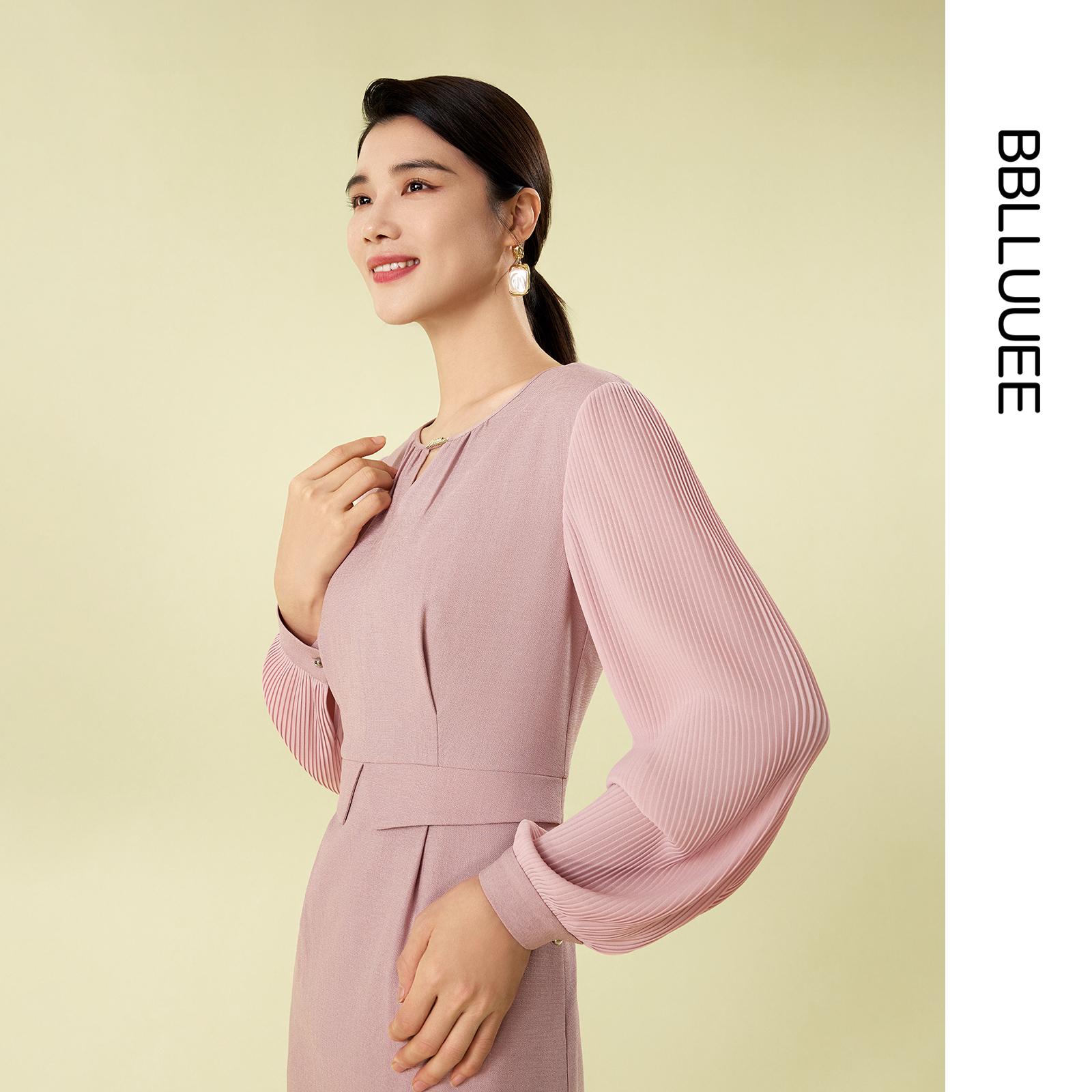 时尚通勤 V领纱袖连衣裙假两件裙