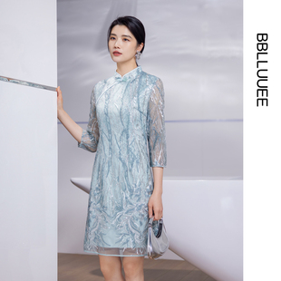 BBLLUUEE粉蓝衣橱2026秋装新款东方感七分袖改良旗袍蕾丝连衣裙女