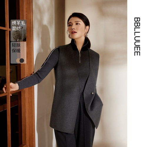 商场同款 复古绵羊毛双面呢马甲 交叠领外套