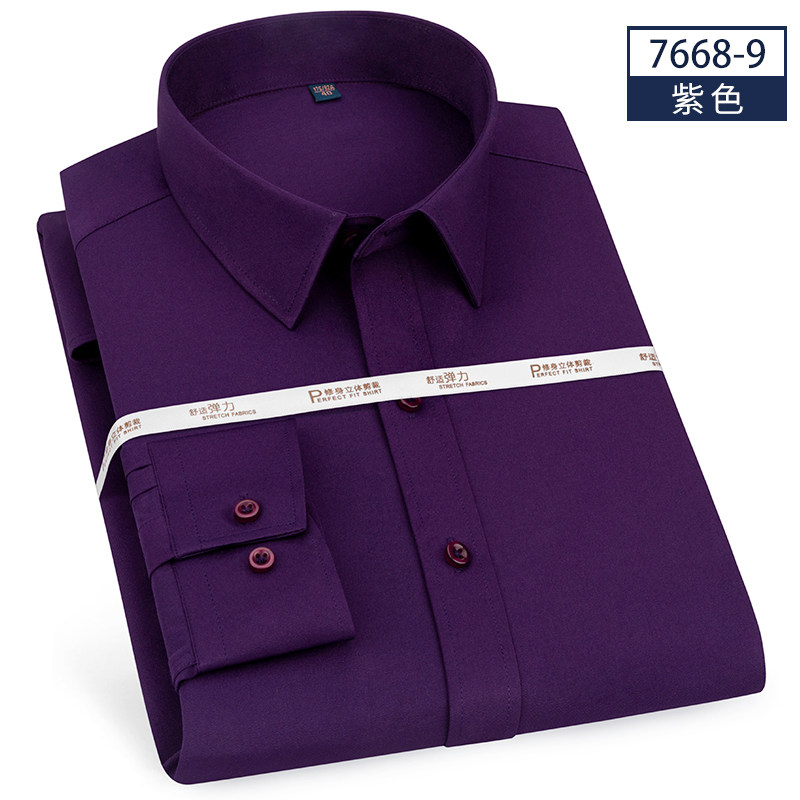 爸爸春装长袖衬衣中年男士秋季休闲衬衫中老年人男装宽松纯色寸衫