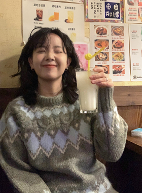 ifbeer羊毛灰色费尔岛花纹毛衣提花套头宽松上衣女秋冬复古韩版