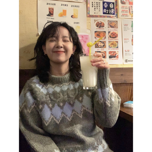 ifbeer羊毛灰色费尔岛花纹毛衣提花套头宽松上衣女秋冬复古韩版