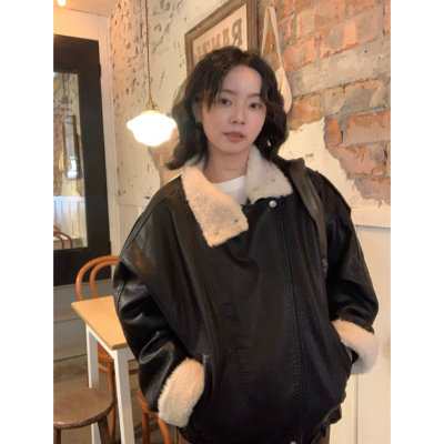 ifbeer复古加厚皮毛一体黑色pu皮衣立领翻领宽松外套上衣女ins韩