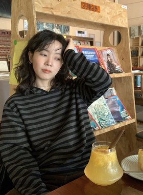 ifbeer复古黑色条纹连帽套头T恤长袖韩版ins条纹圆领外套韩版女