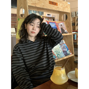 ifbeer复古黑色条纹连帽套头T恤长袖韩版ins条纹圆领外套韩版女