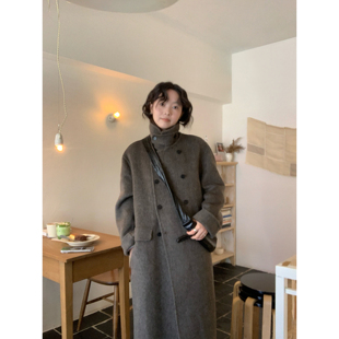 ifbeer双面呢羊毛手工呢大衣立领双排扣韩版毛呢宽松外套长款女冬
