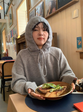 ifbeer灰色连帽套头毛衣韩版宽松女ins冬季上衣长袖复古ins针织衫