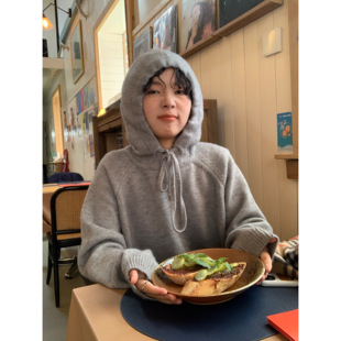 复古ins针织衫 上衣长袖 宽松女ins冬季 ifbeer灰色连帽套头毛衣韩版