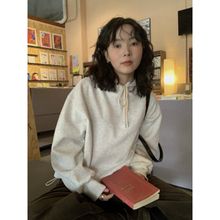 ifbeer薄绒白灰色连帽套头抽绳卫衣韩版宽松女ins冬季上衣复古ins