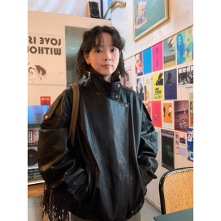 ifbeer复古韩版pu皮黑色皮衣立领翻领宽松外套上衣女ins韩秋冬