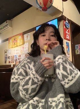 ifbeer 复古提花翻领拉链宽松灰色毛衣外套开衫女ins冬上衣针织衫