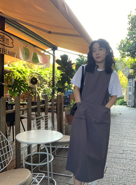 ifbeer复古灰色工装背带裙连衣裙ins无袖长裙女宽松显瘦韩版夏季