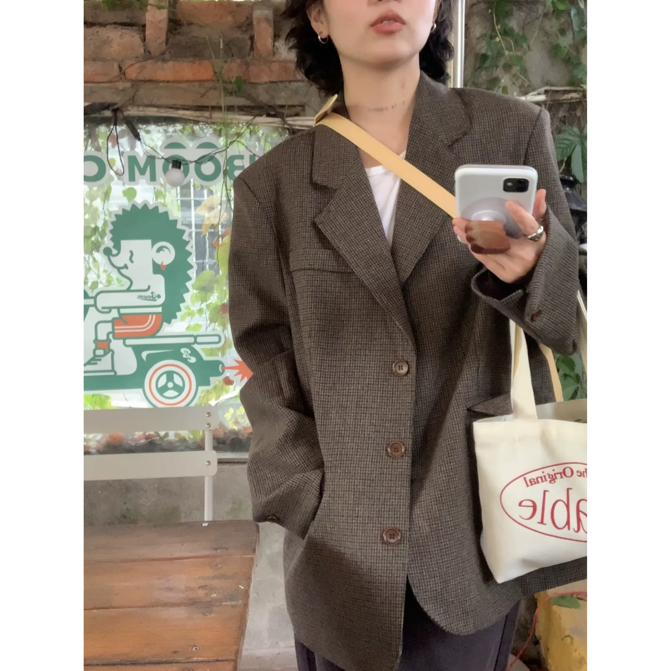 ifbeer30羊毛格子呢子格纹西装外套复古韩版宽松中长款长袖女秋冬