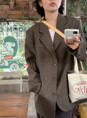 ifbeer30羊毛格子呢子格纹西装外套复古韩版宽松中长款长袖女秋冬