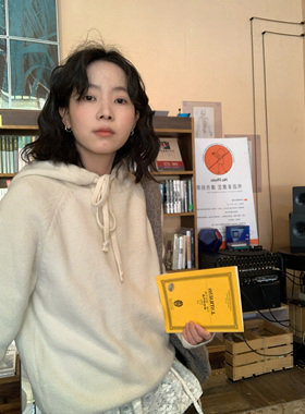 ifbeer淡奶黄色连帽套头毛衣韩宽松女ins冬季上衣长袖复古针织衫