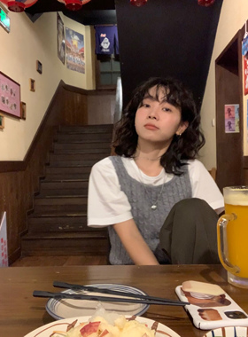 ifbeer 复古灰色方领针织麻花背心马甲上衣外穿短款ins纯色女韩