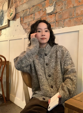 ifbeer复古翻领立领灰色开衫毛衣宽松毛衣外套女上衣针织衫秋冬