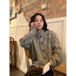 ifbeer复古翻领立领灰色开衫 秋冬 毛衣宽松毛衣外套女上衣针织衫