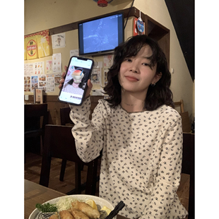ifbeer复古可外穿碎花针织衫 弹性t恤长袖 打底衫 圆领ins女秋冬修身
