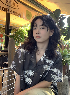 ifbeer古着感绿色衬衫复古宽松短袖古巴领外套ins风韩上衣女复古