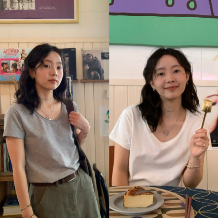 ifbeer棉质u领卷边纯色灰色白色ins风韩版小宽松复古上衣短袖T恤