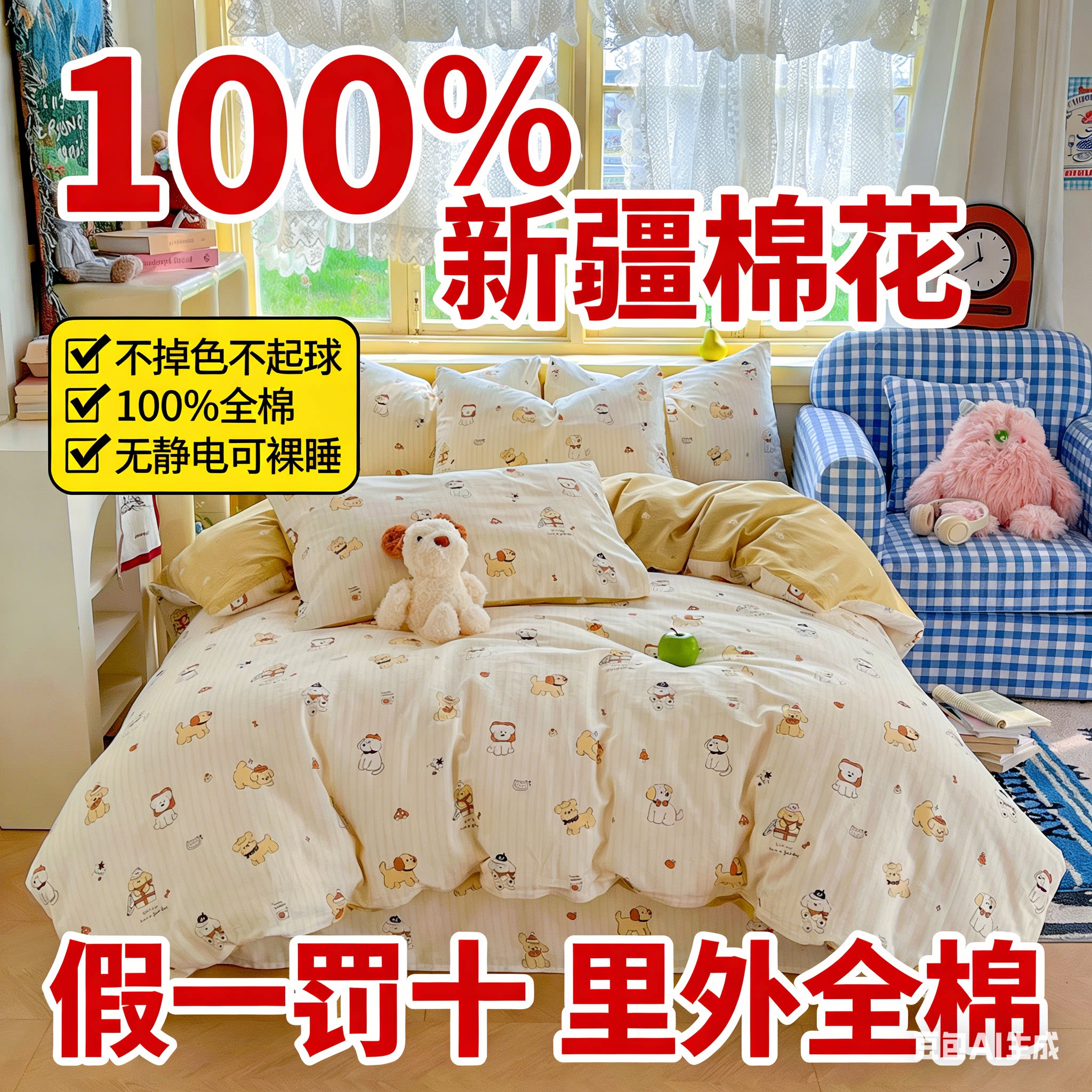 100%全棉三四件套季印花纯棉学生宿舍床单女孩床上用品单双人卡通