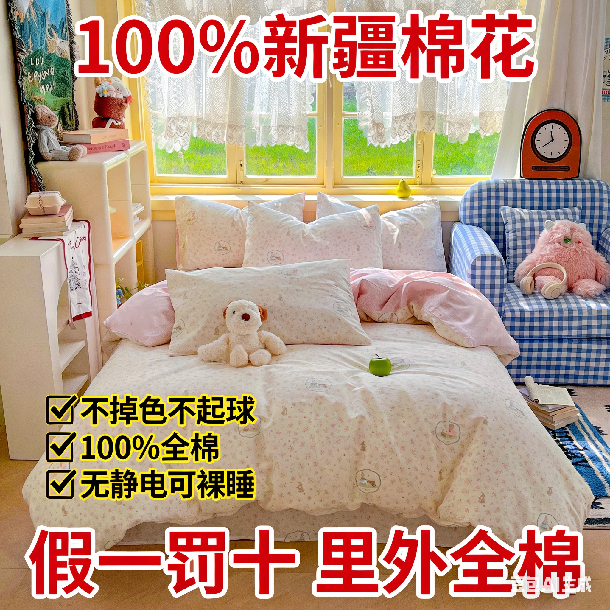 全棉100%三四件套季印花纯棉学生宿舍床单女孩床上用品单双人卡通
